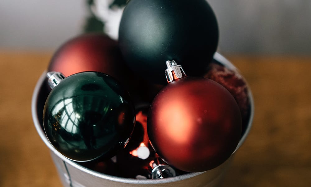Christmas baubles in a bucket