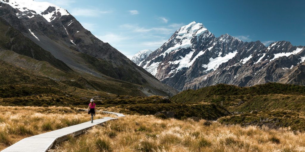 Hiker following a boardwalk through grassland towards dramatic ice capped mountains in the distance. Southern Alps, NZ