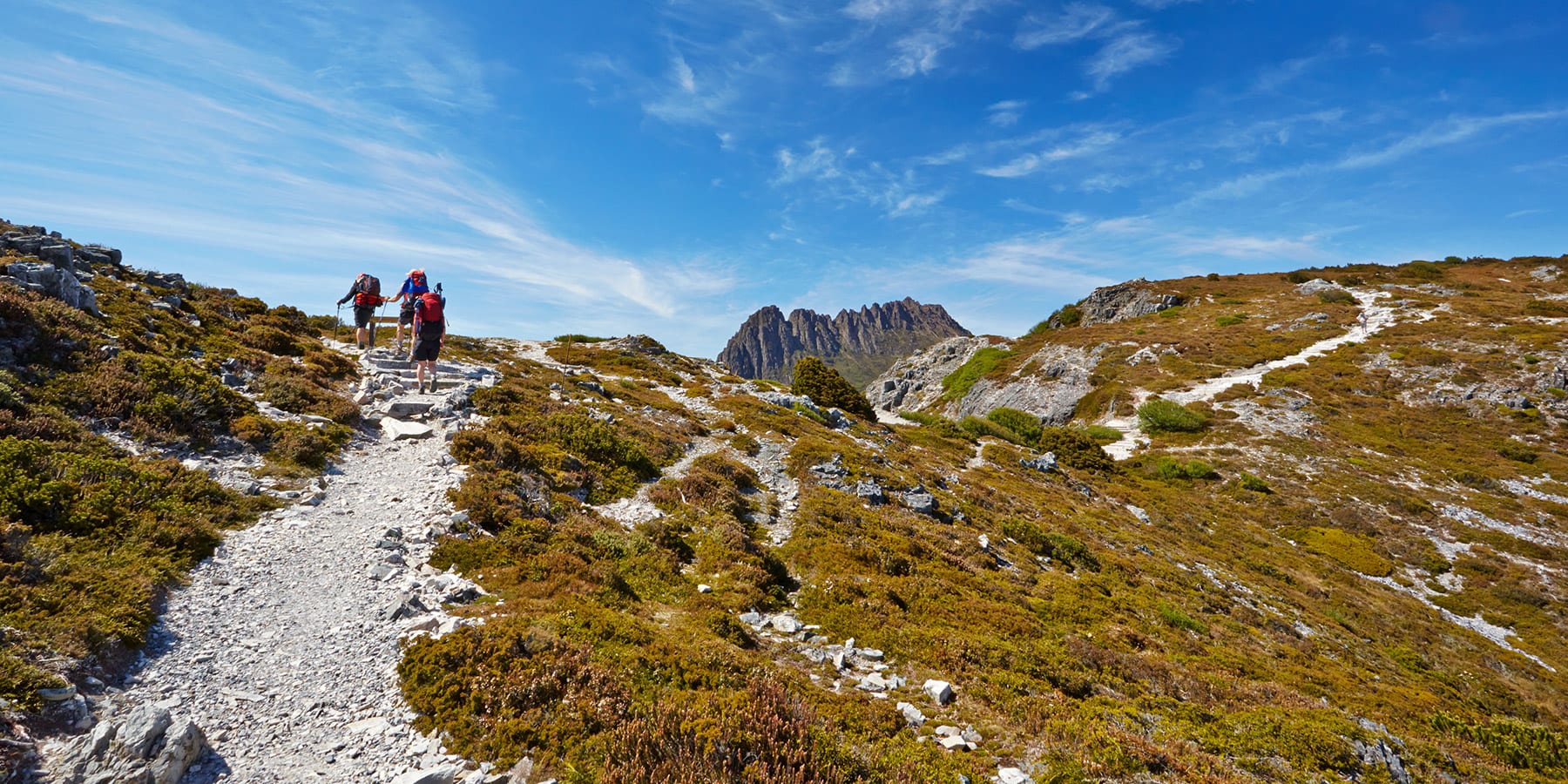 Hikers following rocky trail with Cradle Mountain in the distance, Tasmania, Australia.