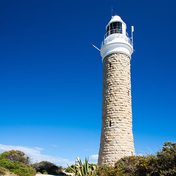 Close up of Eddystone Point Lighthouse in a deep blue sky. Bay of Fires, Tasmania