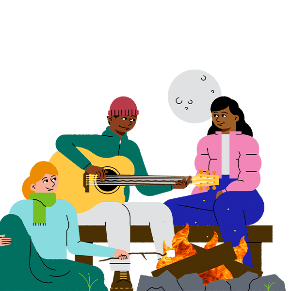 Illustration of people around a camp fire