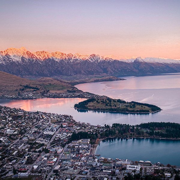 Aerial view of Queenstown, New Zealand at dusk