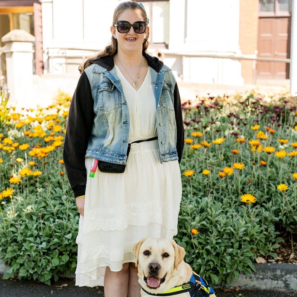 Vision Australia client Jasmine with her Seeing Eye Dog Mikey. Vision Australia client Jasmine with her Seeing Eye Dog Mikey.
