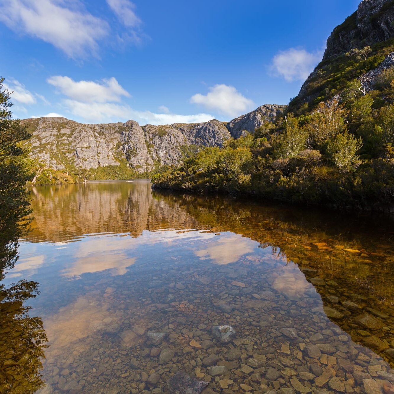 Peaceful Lake St Clair reflecting the sky and mountains around. Cradle Mountain, Tasmania